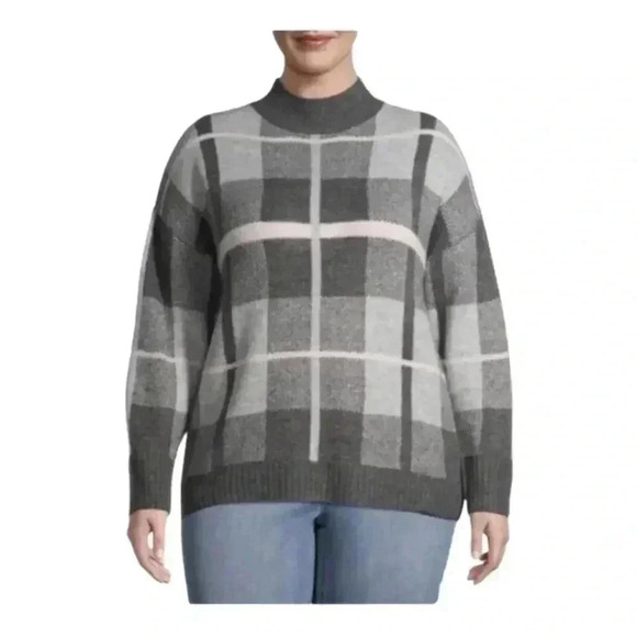 Terra & Sky Gray Sweater Plus Size 1X Women Gray and Pink Windowpane Plaid - Picture 1 of 8